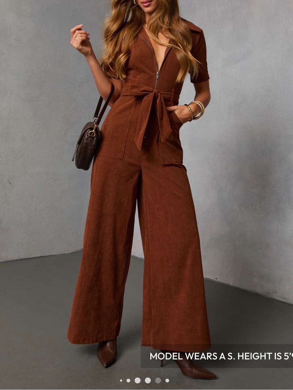 Vici Chestnut Brown Wide-Leg Utility Jumpsuit with Tie Waist